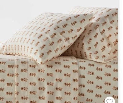 Novo conjunto de lençóis de flanela bege marrom creme xilogravura flores limiar travesseiro rainha - Imagem 1 de 4