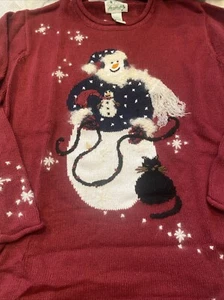 Quacker Factory Large Christmas Holiday Deep Red Happy Snowman & Cat Sweater - Picture 1 of 7