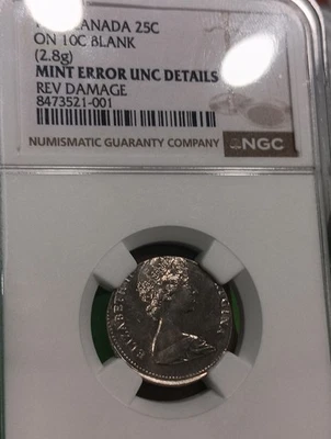 Canada Mint Error 1981 Quarter Struck On Dime Blank Graded NGC Unc Details - Image 1 of 4