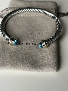 David Yurman Blue Topaz 5mm 6”Cable Classics Bangle Bracelet 925 Silver 14K Gold - Picture 1 of 14
