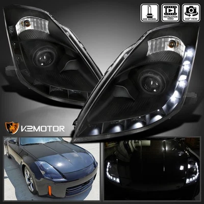 Black Fits 2006-2009 350Z HID Type LED Strip Projector Headlights Lamps 06-09 - Image 1 of 4