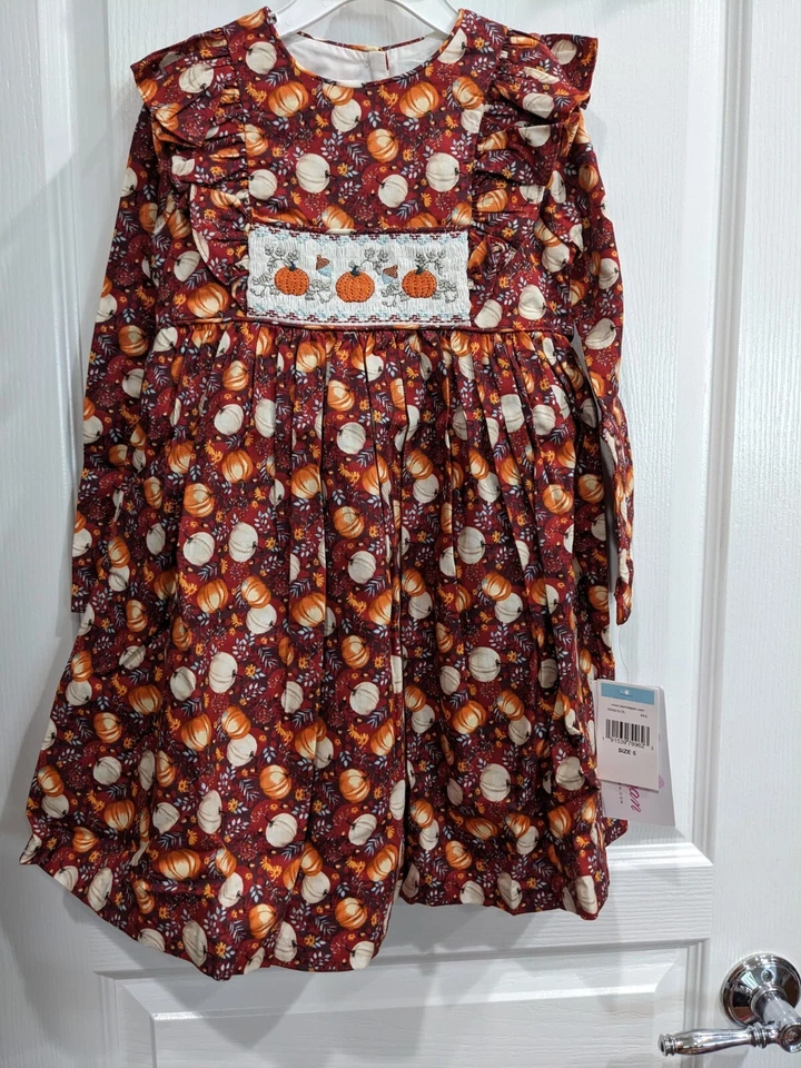 Bonnie Jean 女宝宝 3 个月 - 6 岁感恩节长袖缩褶南瓜连衣裙 — 第 1/4 张图片