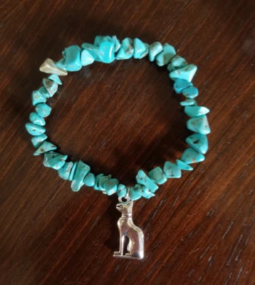 Turquoise Howlite stretchy bracelet & Tibetan Silver Cat Bast charm supercharged - Image 1 of 4