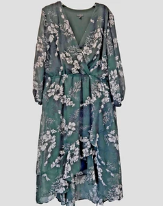 Lane Bryant Womens Sz 22 Lined Layered Green Floral Hi Low Faux Wrap Dress - Picture 1 of 8