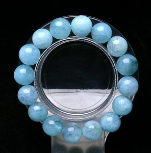 Natural 12mm Genuine Blue Aquamarine Round Gemstone Beads Bracelet 7-9" AAA - Picture 1 of 6