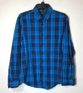 Alfani Dress Shirt Mens Small Blue Plaid Long Sleeve 100% Cotton - Picture 1 of 8