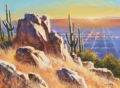 TOM HAAS painting 'Tucson Lights' oil 12"x16" Arizona desert sunset petroglyphs - Image 1 of 2