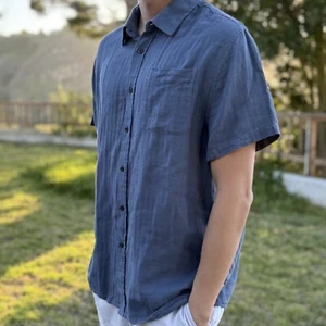 Camicia Katin Uomo XL Blu Alan Tinta Unita Spina di Pesce Misto Lino Leggera Preppy Nuova con etichette - Foto 1 di 24
