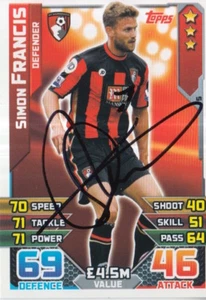 TARJETA SIMON FRANCIS FIRMADA A MANO AFC BOURNEMOUTH MATCH ATTAX 15/16. - Imagen 1 de 1