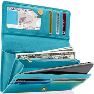 Leather Womens Wallet Ladies Clutch With Removable Checkbook Cover RFID Blocking - Picture 1 of 31