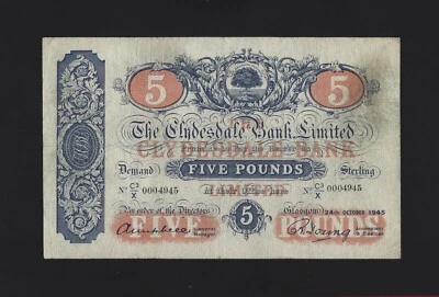 SCOTLAND  5 POUNDS 1945 P-186 VF RARE Great Britain UK  - Image 1 of 2