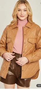 Love Tree Quilted Shirt Jacket Women Faux Leather Brown Tan Sz M Button NEW - Picture 1 of 8
