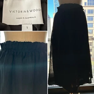 Designer VIKTORIA & WOODS 100% Linen Black Elastic Waist Lined Midi Skirt Small - Picture 1 of 10