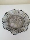 vintage grey carnival glass bowl with fluted edges and raised fruit on bottom