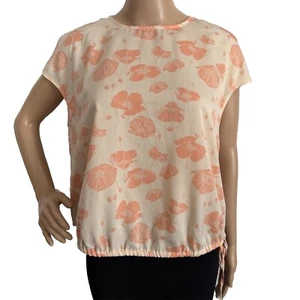 Worthington Sleeveless Blouse Petite Medium Cream Peach Floral Print Tie Waist - Picture 1 of 12