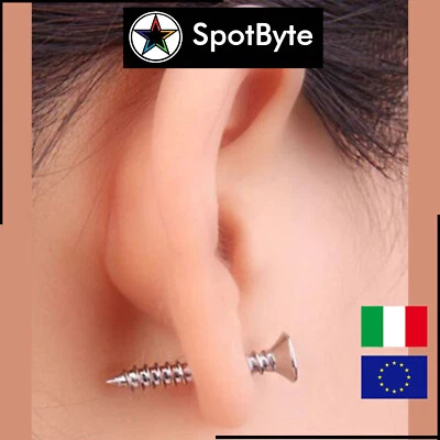 1 Pezzo Orecchino Uomo Finta Vite Perno Color Argento Acciaio Inox Punk Goth - Immagine 1 di 3