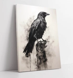 CHARCOAL SKETCH DRAWING OF RAVEN, CROW CORVID -DEEP FRAMED CANVAS WALL ART PRINT - Picture 1 of 2