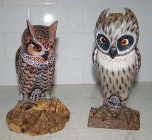 Lot 2 Great Horned Owl Hand Carved Wood Glass Eyes Art Carving - Picture 1 of 14