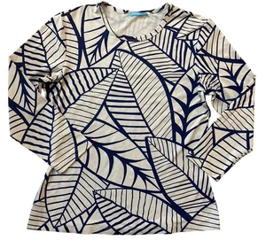 Top donna J. McLaughlin piccolo blu navy stampa foglia manica lunga elasticizzato camicia - Foto 1 di 9