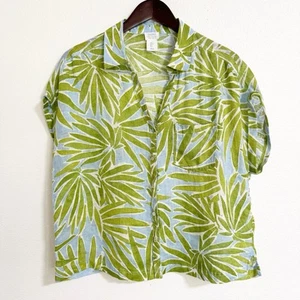 Sigrid Olsen Tropical Palm Leinen Manschettenärmel Knopfleiste blau grün Größe XL - Bild 1 von 10