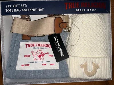 VERDADEIRA RELIGIÃO Conjunto Bolsa tiracolo jeans azul bolsa tote marfim chapéu de malha nova com etiquetas caixa de presente - Imagem 1 de 4