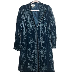 Widder Samt bestickt Mantel blau türkis Blumen Boho Festival Long Jacke Gr. L - Bild 1 von 11