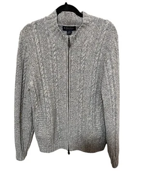 Vintage Brooks Brothers M Merino Wool Cable Chunky Knit Gray Double Zip Cardigan - Image 1 of 4