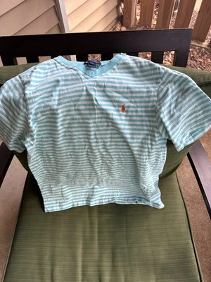polo ralph lauren boys v neck t shirt blue and white stripes size 14-16 - Image 1 of 4