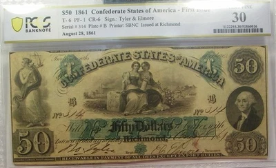 1861 T-6 $50 The Confederate States of America Note - CIVIL WAR Era PCGS VF 30 - Image 1 of 2