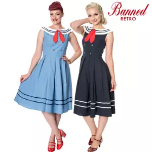 Banned Apparel Aquarius Vintage Sailor Nautical Retro 50s Fit & Flare Dress - Picture 1 of 10