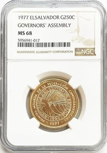 1977 GOLD EL SALVADOR 250 COLONES 18th GOVERNORS ASSEMBLY COIN NGC MINT STATE 68 - Picture 1 of 2
