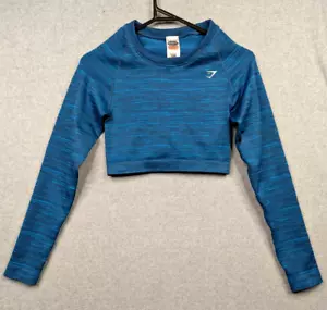 Gymshark Cropped Top Womens Medium Blue Long Sleeved Gym Running Workout Ladies - Picture 1 of 11