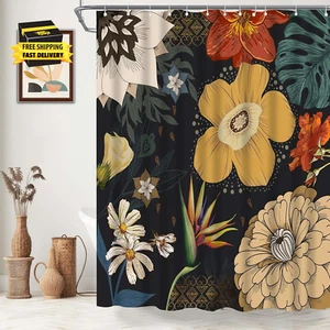 Black Boho Floral Shower Curtain, Bohemian Chic Flower Vintage Mid Century Moder - Picture 1 of 7