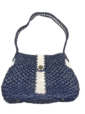 Vintage 1960's Marchioness for Macys Straw Raffia Navy Blue White Lined Brass - Image 1 of 4