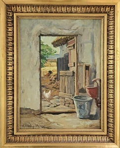 Oil paint. Osvald Hartig(1885-1952):”View through an open farmhouse door”(1934) - Picture 1 of 4
