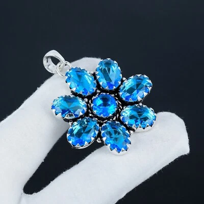 Topazio Blu Gemma Fiore Design 925 Pendente Argento Sterling Per Nozze Regali - Immagine 1 di 4