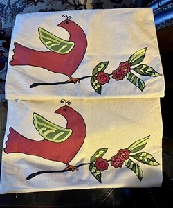 Crate & Barrel 12 X 18 Partridge Bird Flower Embroidered Pillow Covers Set/2 Red - Picture 1 of 4