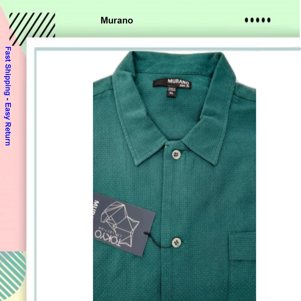 Murano Men's Slim Fit Short Sleeve Dots Shirt Cotton Spruce Green size XL