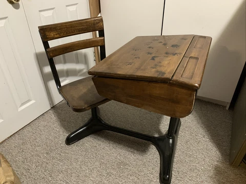 Vintage Child's School Desk Flip Top attached swivel seat Oak Wood Top steel Cover