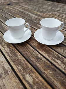 TWO CUPS & SAUCERS SOLD ONE LOT VERY WHITE NICE DESIGN HANDLE ETC IN VGC CHECK! - Picture 1 of 12