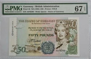 1994 Guernsey 50 Pounds PMG67 EPQ SUPERB GEM UNC【P-59】First Prefix A - Picture 1 of 3