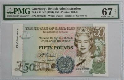 1994 Guernsey 50 Pounds PMG67 EPQ SUPERB GEM UNC【P-59】First Prefix A - Image 1 of 3