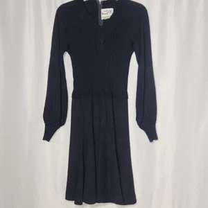 1970s Bishop Sleeve Knit Mid Length Dress Black Wool Acrylic Size 11 M Medium - Picture 1 of 6