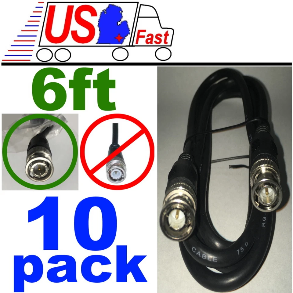 Lot10x/pk/pcs 6ft/feet/foot HD-SDI RG59 Video Cable D BNC Male~M 75ohm Cord/Wire - Image 1 of 2