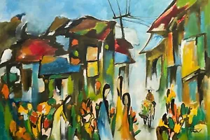 Peinture Vietnamienne Sur Tissu, Paysage Animé, Signature à Identifier, XXe - Imagen 1 de 9