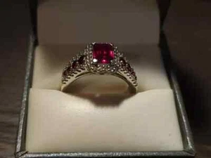 2Ct Emerald Cut Lab Created Pink Ruby Halo Engagement Ring 14K White Gold Plated - Picture 1 of 5