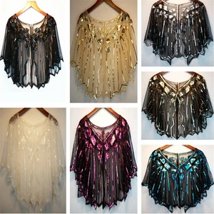 Vintage Gold Ladies 1920s Shawl Wraps Sequin Evening Cape Bridal Bolero Flapper - Picture 1 of 14