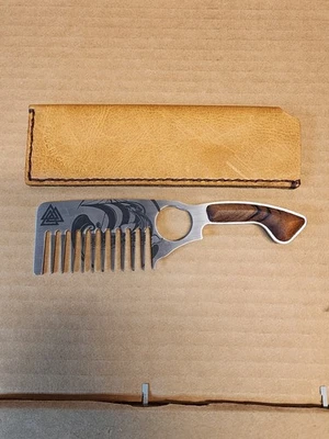 Peine para barba de acero inoxidable diseño vikingo hecho a mano Hillman Reed, con estuche de cuero, nuevo Foto 1 de 3