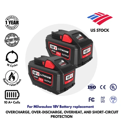 Potentes baterías a prueba de fuego Milwauke 15.0 AH M18 XC18 2 PIEZAS 18V nuevo stock en EE. UU. Foto 1 de 4