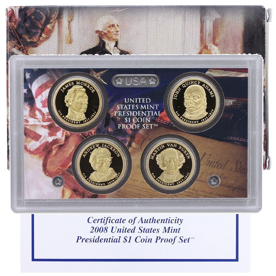 2008 S Presidential Dollar Proof Set 4 Coins Original Box & COA - Image 1 of 4